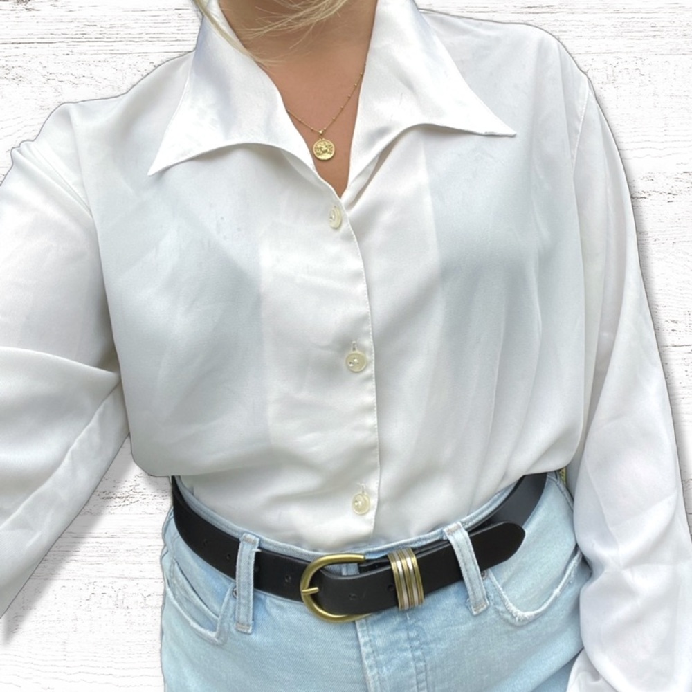 Vintage Silky White Button Up Blouse - Picture 2 of 5